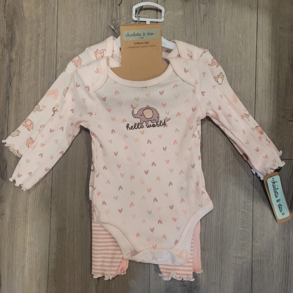 Pink Elephant Baby Body Suit 4 Peice Set